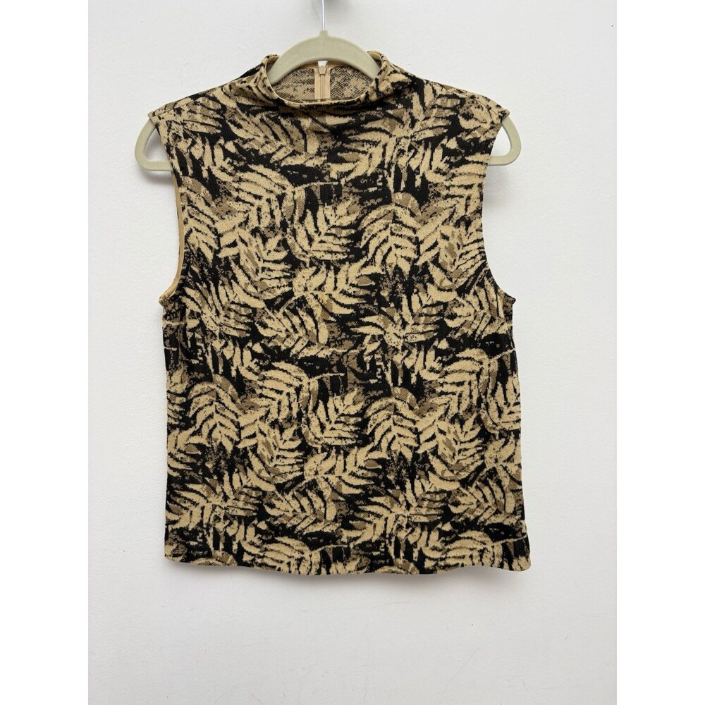 St John Knit Top, Black Gold Floral,  Sleeveless,  Mock Turtleneck, Women’s Med.